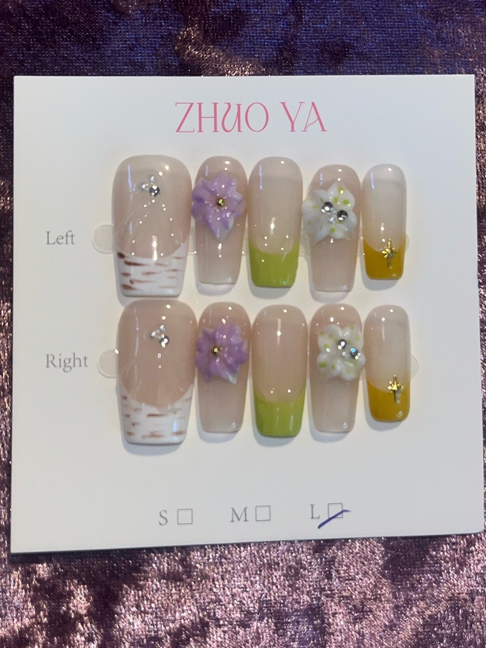 ZHUO YA Floral Accent Press-On Nail Set in Purple, Green & Yellow
